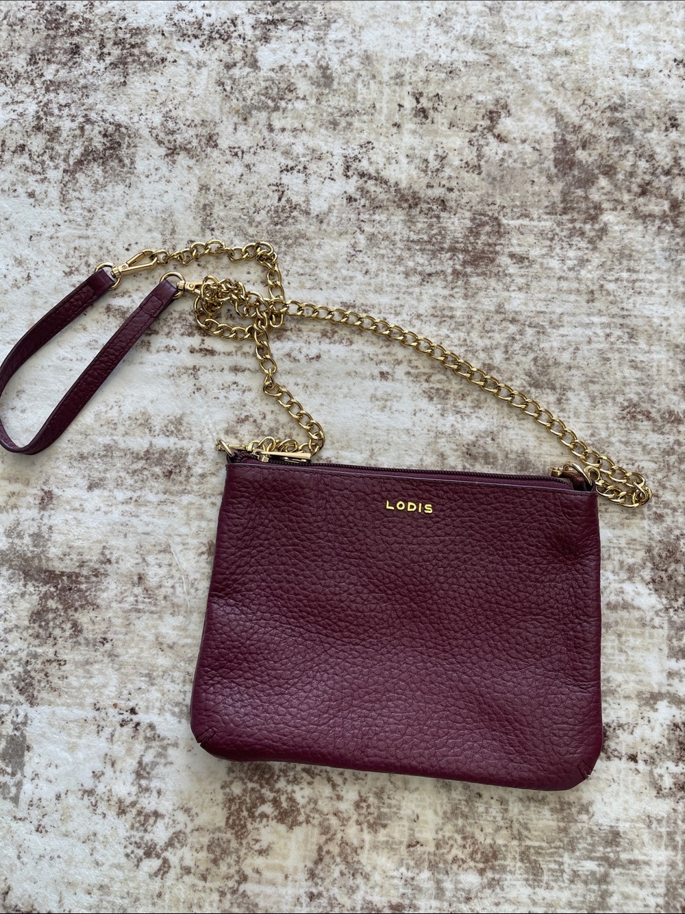 Lodis Pebbled Leather Crossbody in Burgundy with Gold Chain